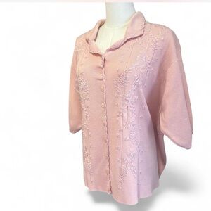 Pink Embroidered Collared Grandma Core Short-sleeve Sweater Knit Vintage Size 2X